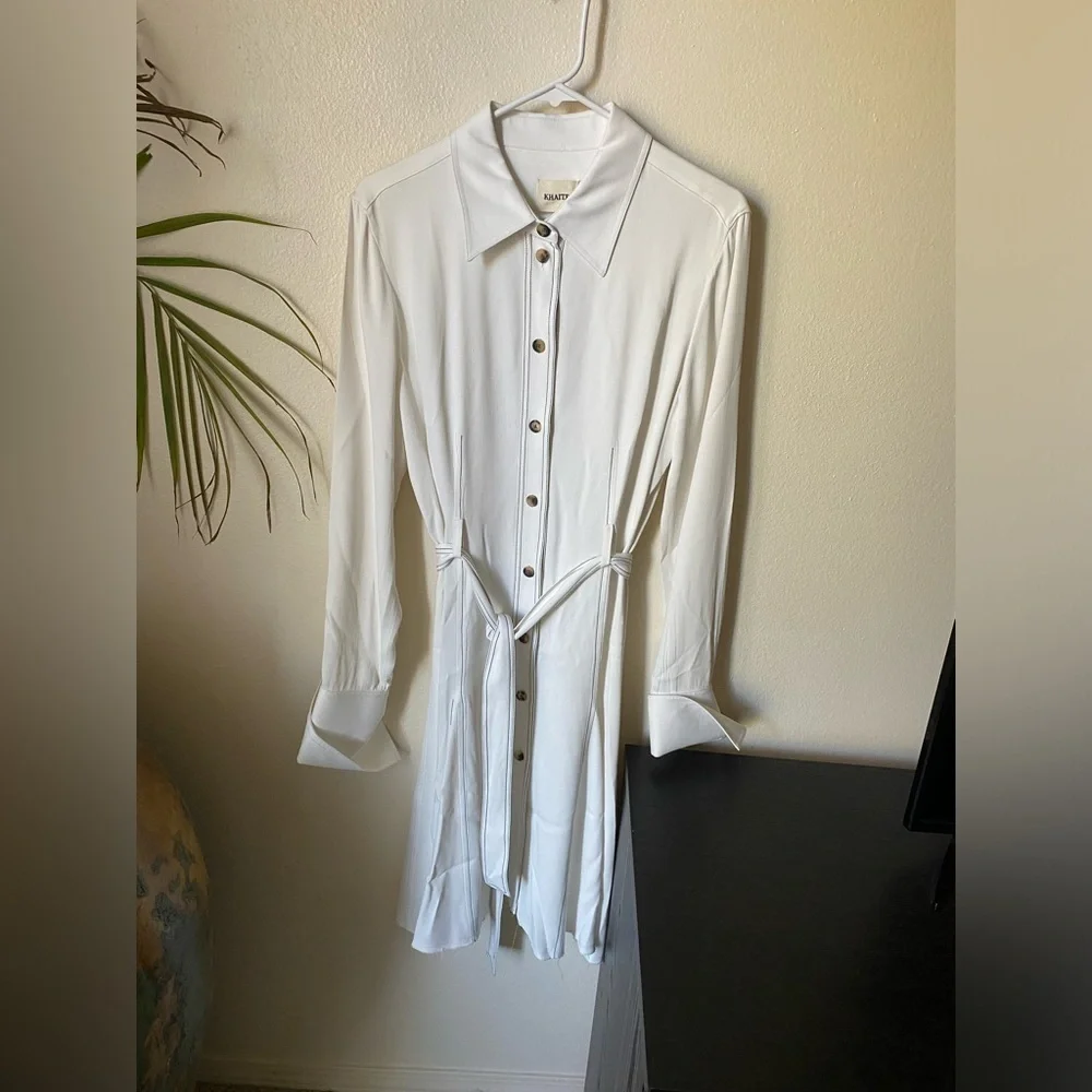 KHAITE Women’s Selena Belted Crepe De Chine Shirt Dress In White Size 12 - Picture 2 of 6